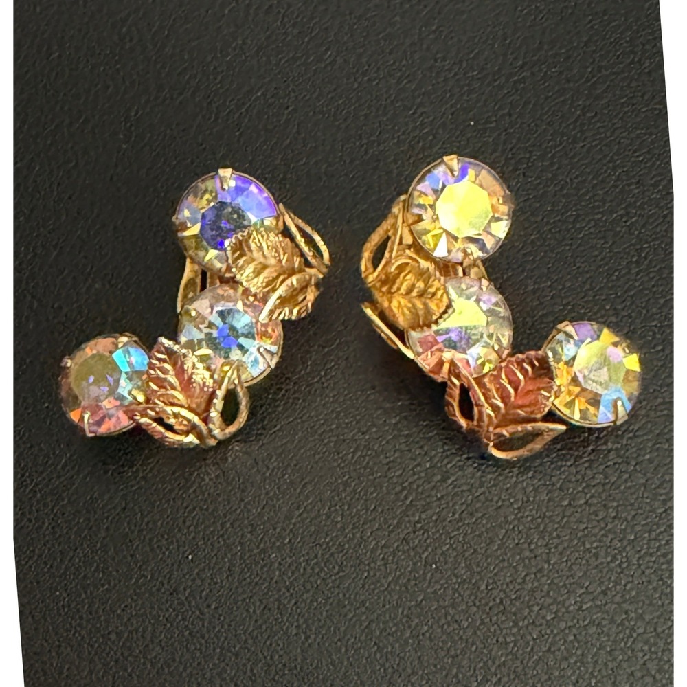 Vintage Rhinestone Earrings Aurora Borealis Clip Ons Gold Tone